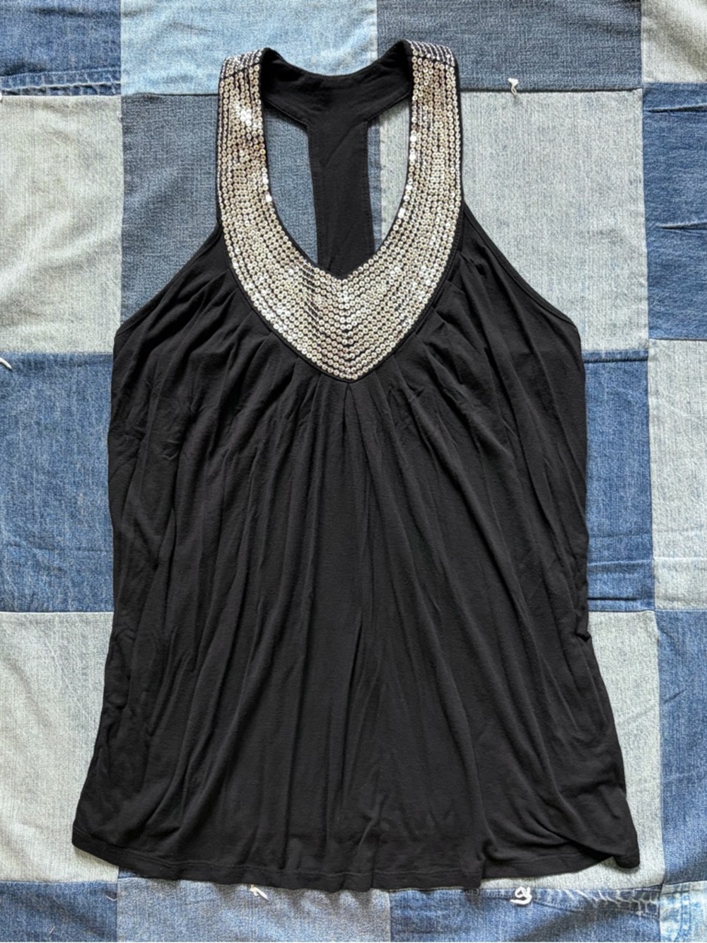 vtg y2k c. oliver sequined black silver tank top racerback glam size L